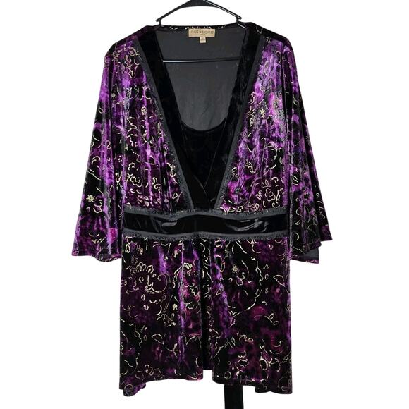 Notations Velvet Blouse Plus Size 3X Purple Babydoll Flutter Sleeve Tie Waist - Picture 1 of 9